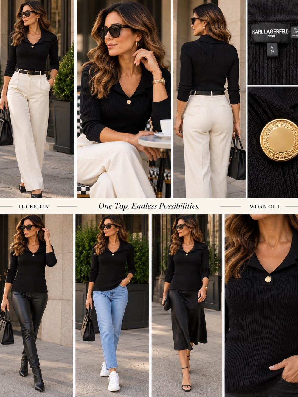 Karl Lagerfeld Black Ribbed Polo Sweater with Gold Button